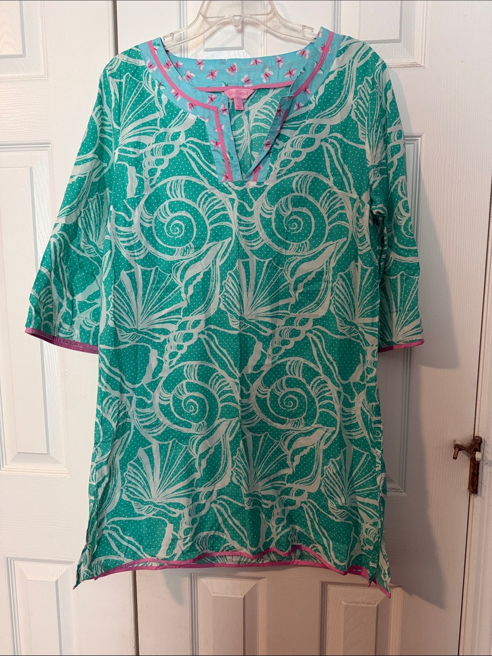 Lilly Pulitzer Teal Seashell Tunic with Pink Trim